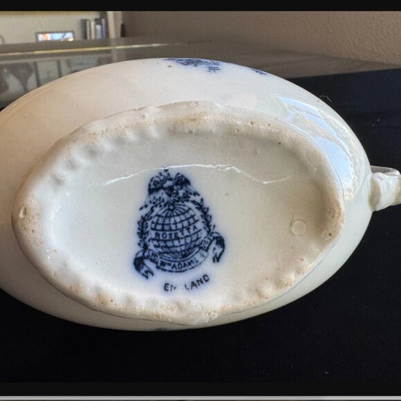 Antique 19th C Flow Blue Ironstone Gravy Boat Rosetta William Adams & Co England - Picture 3 of 10